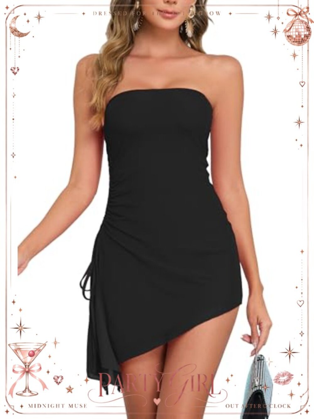 Women Mini Tube Dress Sheer Mesh Strapless Ruched Drawstring Flowy Cocktail